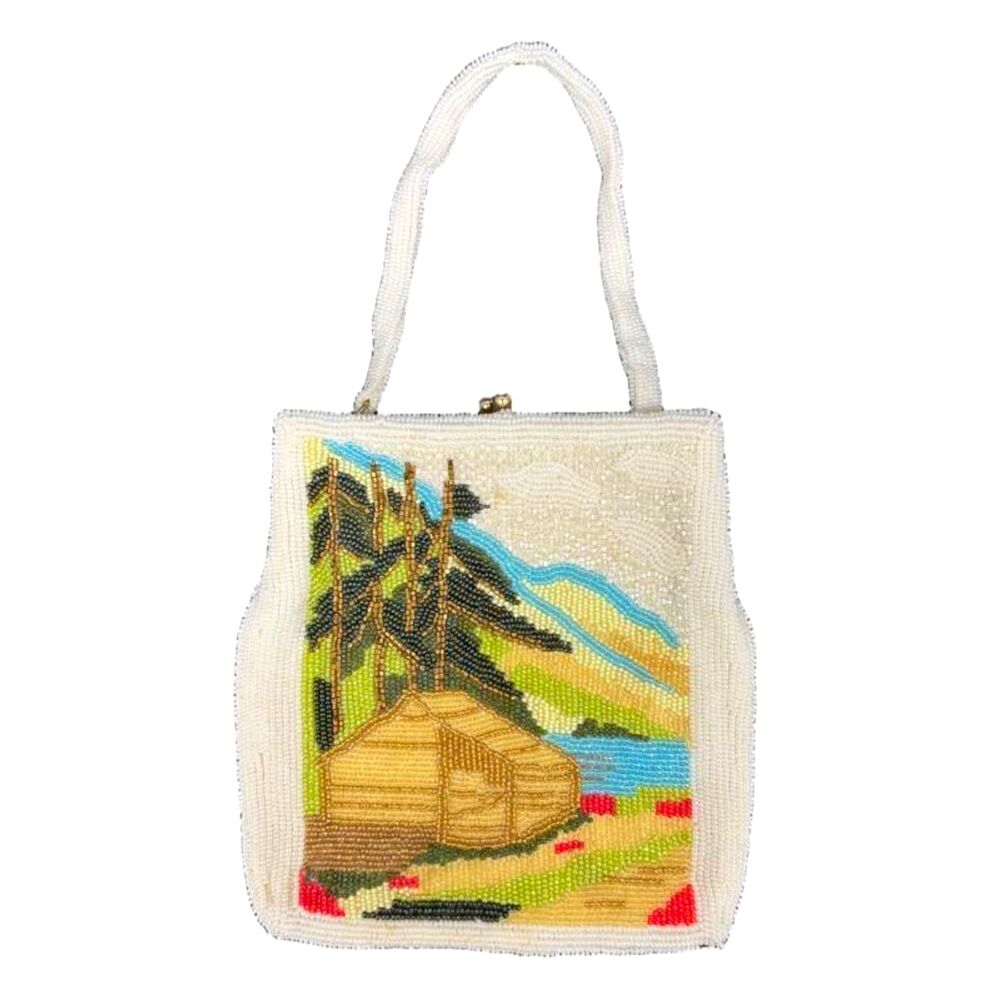 Vintage Beaded Handbag by Delill Japan white MCM 6.5in x 7in cabin scenic